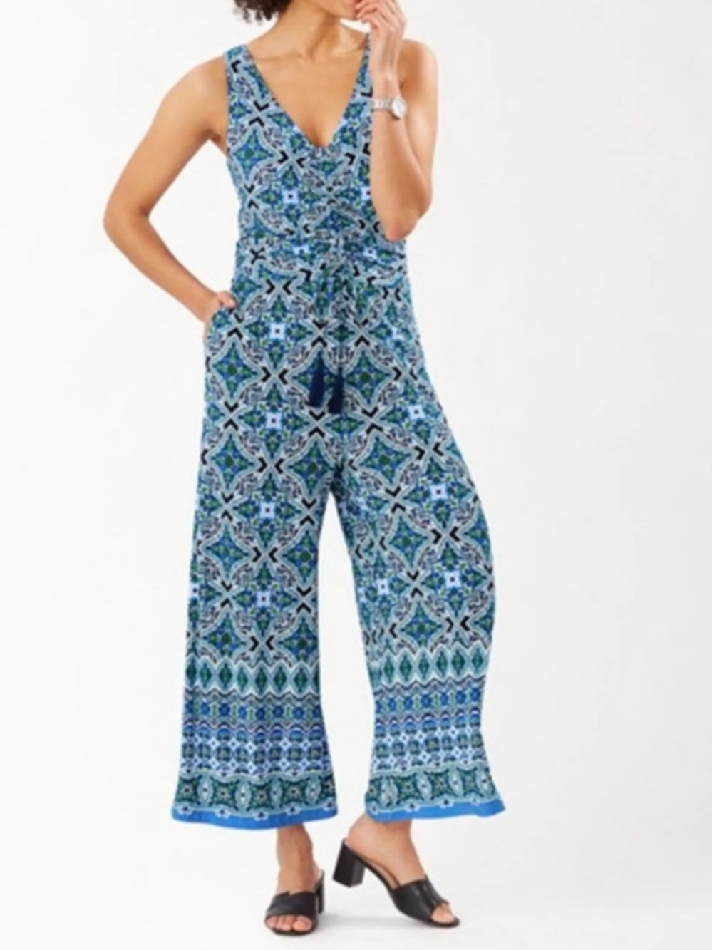 Tommy Bahama Blue Green Medallion Print Wide Leg Jumpsuit Size Small Resort - Picture 1 of 10